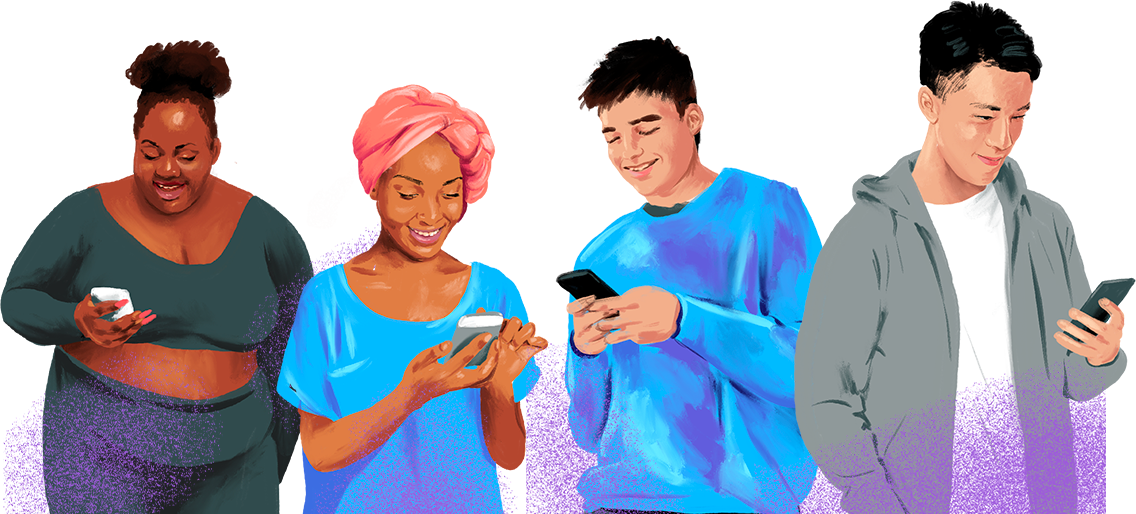Illustration of several teens looking at their phones and smiling